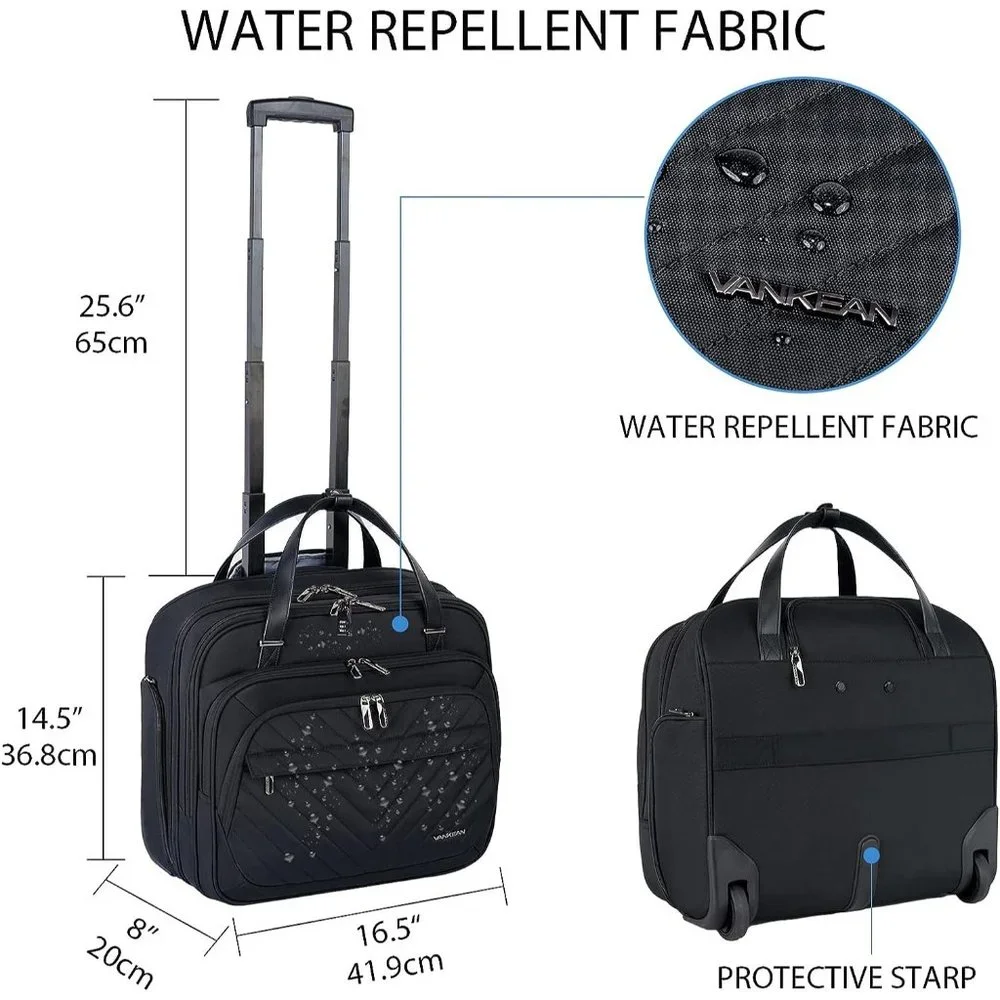 Women's Black Water Repellent Rolling Laptop Bag 15.6 inch